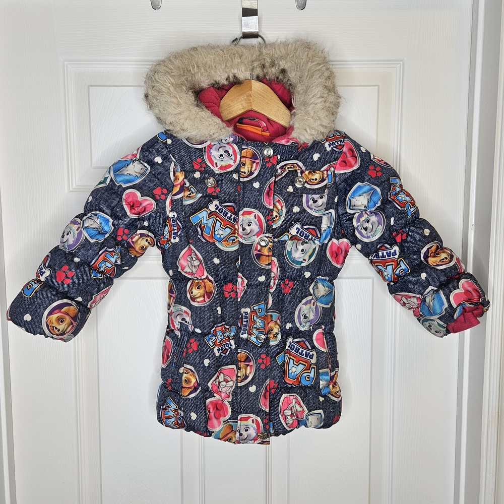 Paw Patrol Girls Graphic Puffer Jacket Size 3 Blue Pink Hooded Cozy Coat